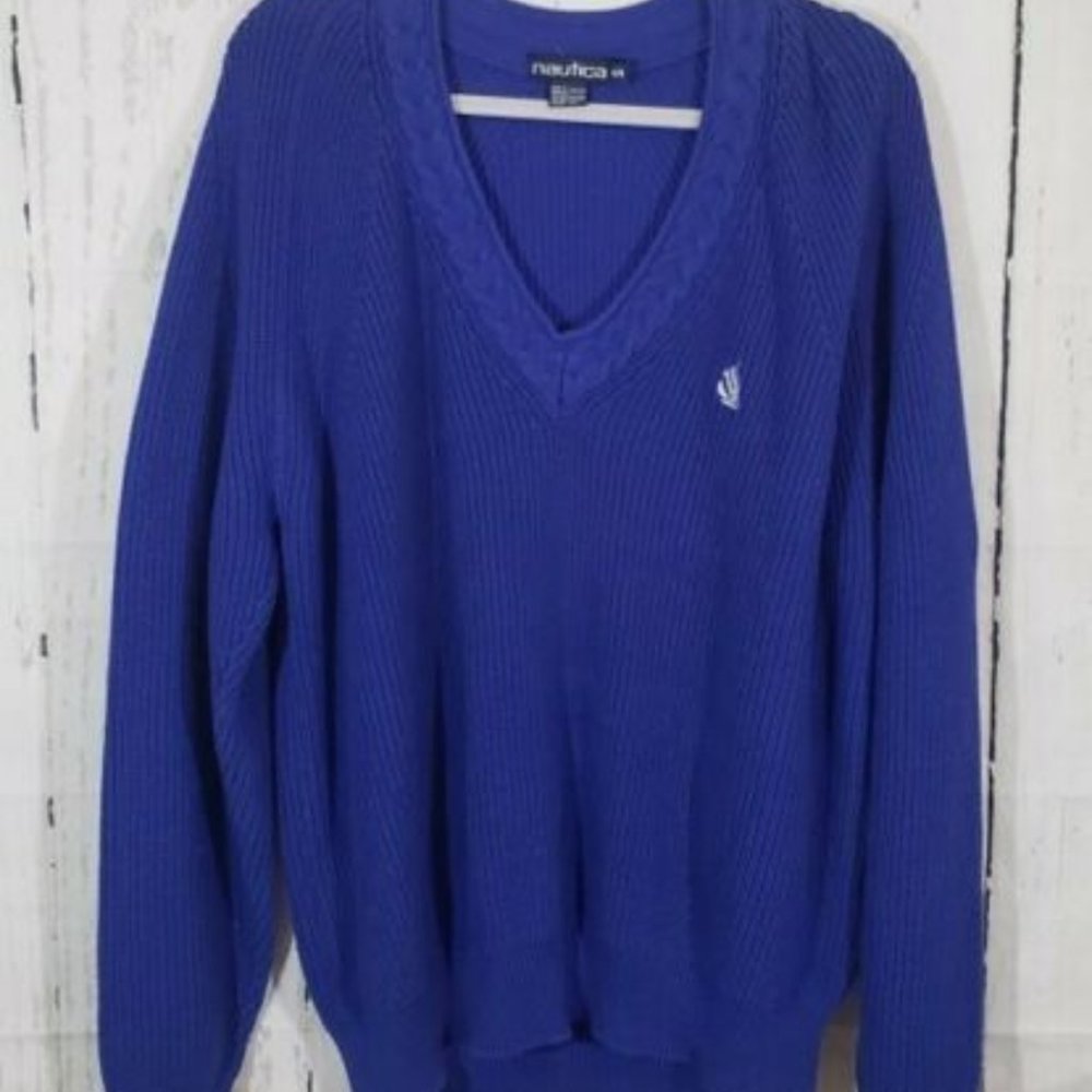 VTG 90s Nautica Sweater Cable Knit Blue VNECK M